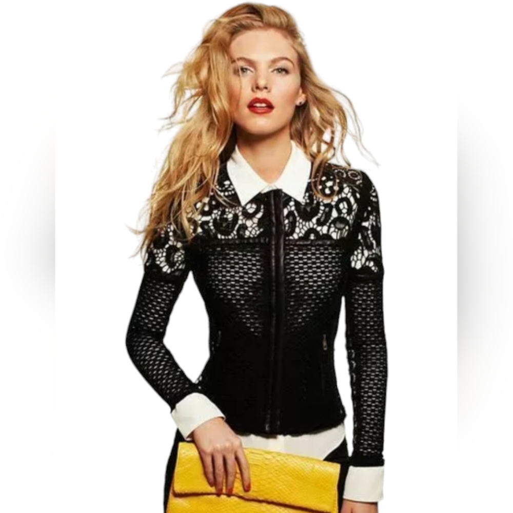 💋DESIGNER Iro Lewis💋. Black Leather and Lace Crochet Jacket Size XS Blazer - Picture 8 of 11